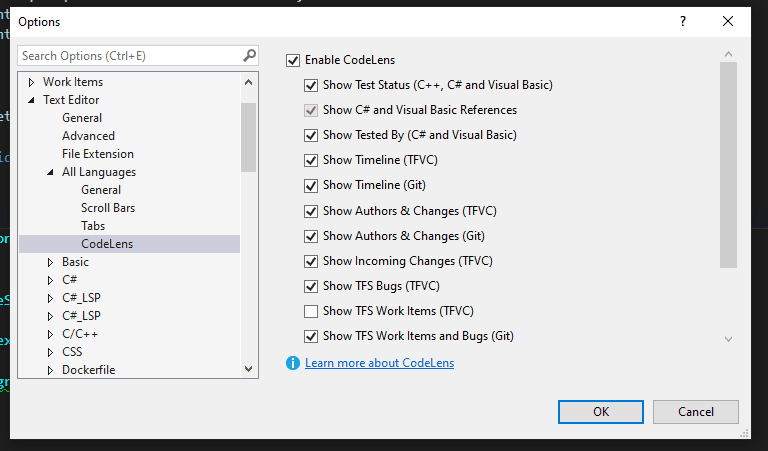 Visual Studio CodeLens Options